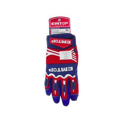 Guantes de mecánico EMTOP talla XL color azul y rojo con refuerzos antimpacto para ensamble y logística.