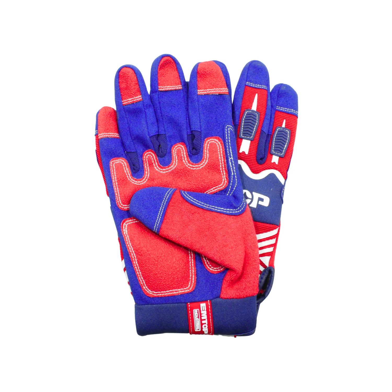 Guantes industriales EMTOP azul y rojo con palmas acolchadas y refuerzo para protección en construcción