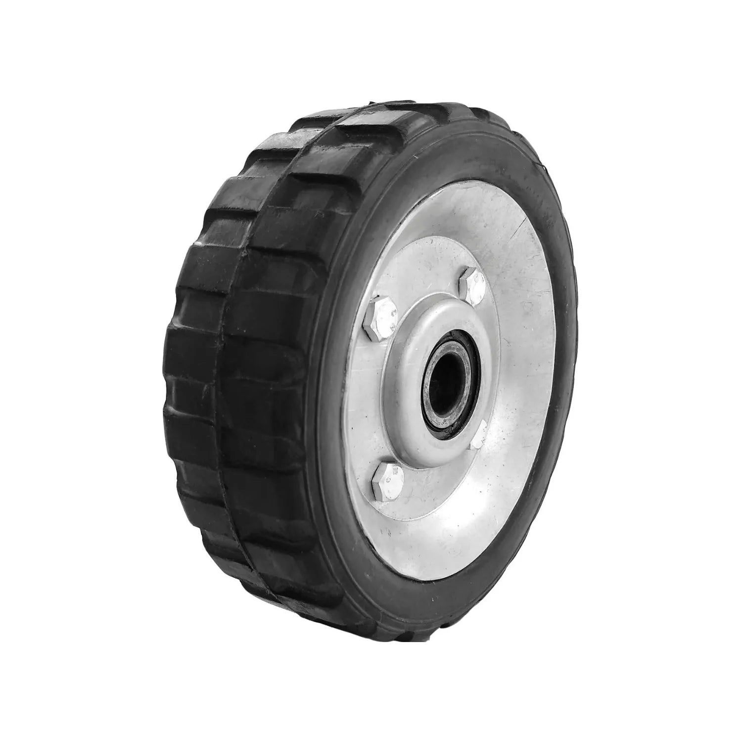 Rueda negra de caucho 6 pulgadas con 2 baleros, centro metálico plateado y banda de rodadura robusta para diablo o carretilla.