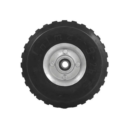 Rueda negra robusta de 9" para diablo, con 2 baleros, rin metálico y banda de rodadura con agarre, marca Jolmar.