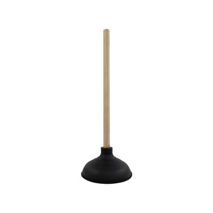 Bomba para baño desatascador de hule negro con mango de madera, ideal para WC y tuberías.