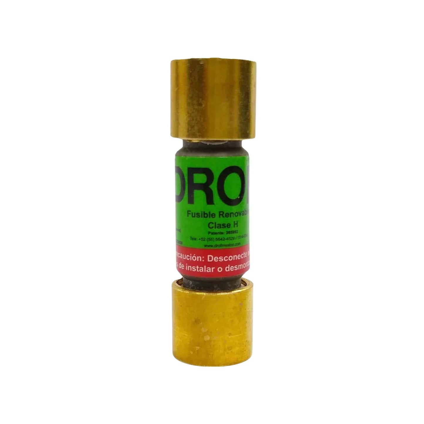 Fusible DROF Clase H renovable, cuerpo verde y terminales dorados.