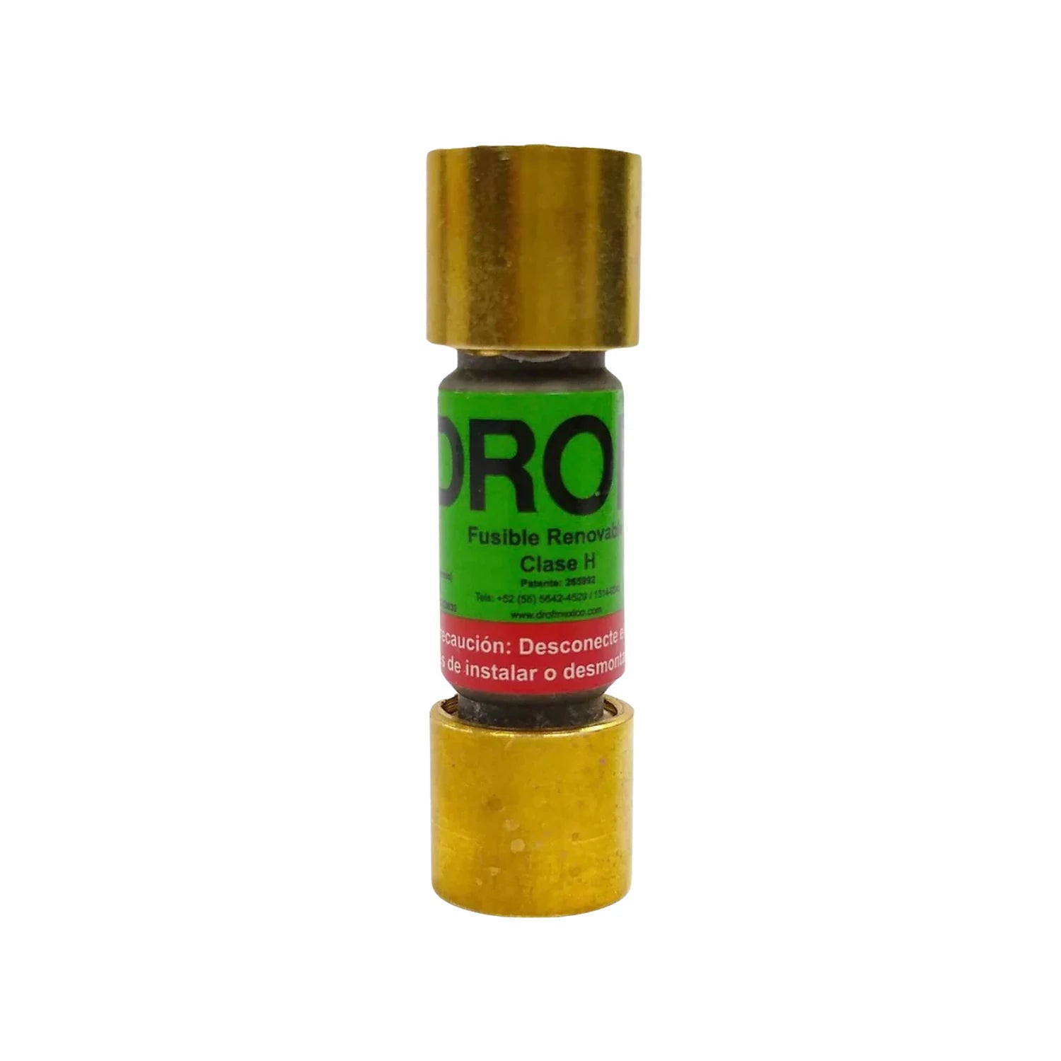 Fusible DROF Clase H renovable, cuerpo verde y terminales dorados.