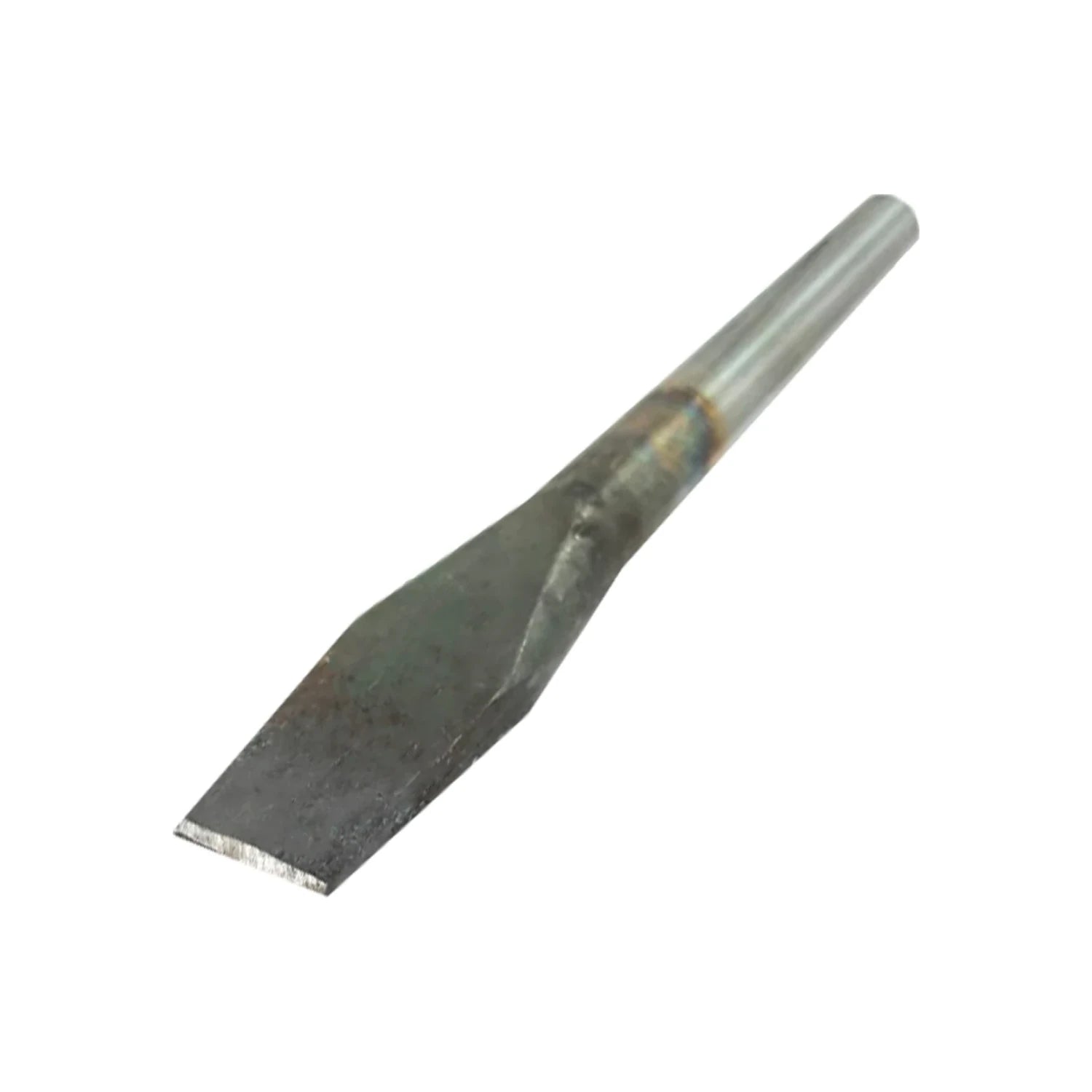 Cincel de acero plano con filo recto, herramienta robusta para corte y desbaste de metal y mampostería.