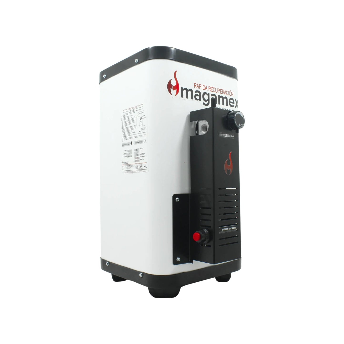 Calentador de agua Magamex de rápida recuperación electrónico, compacto y blanco para hogar.