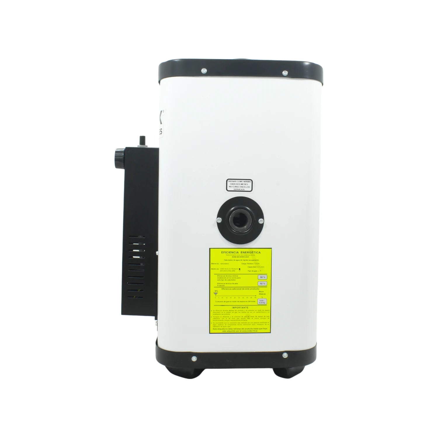 Boiler de rápida recuperación Magamex CRRP-06 electrónico, blanco, 4.5 litros, eficiencia energética visible.
