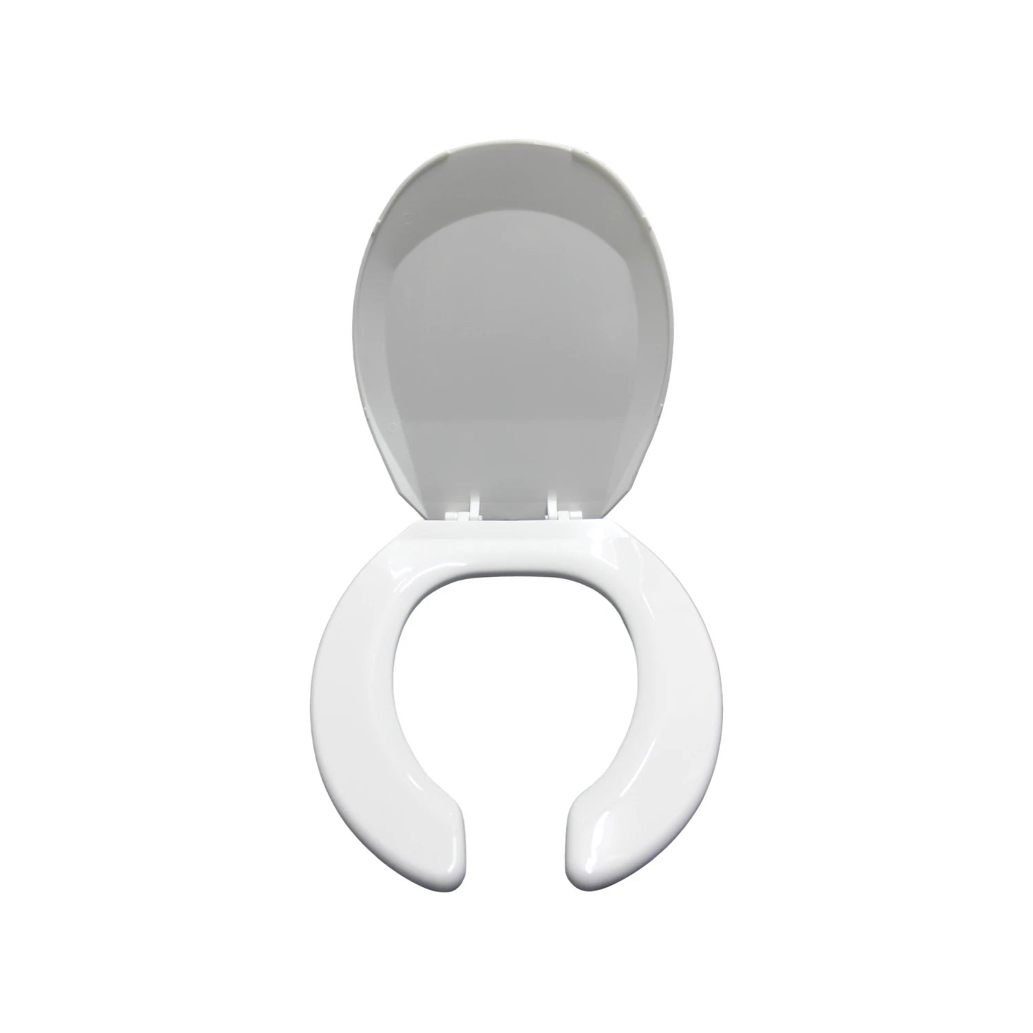Asiento para baño blanco con tapa levantada, forma universal de plástico resistente
