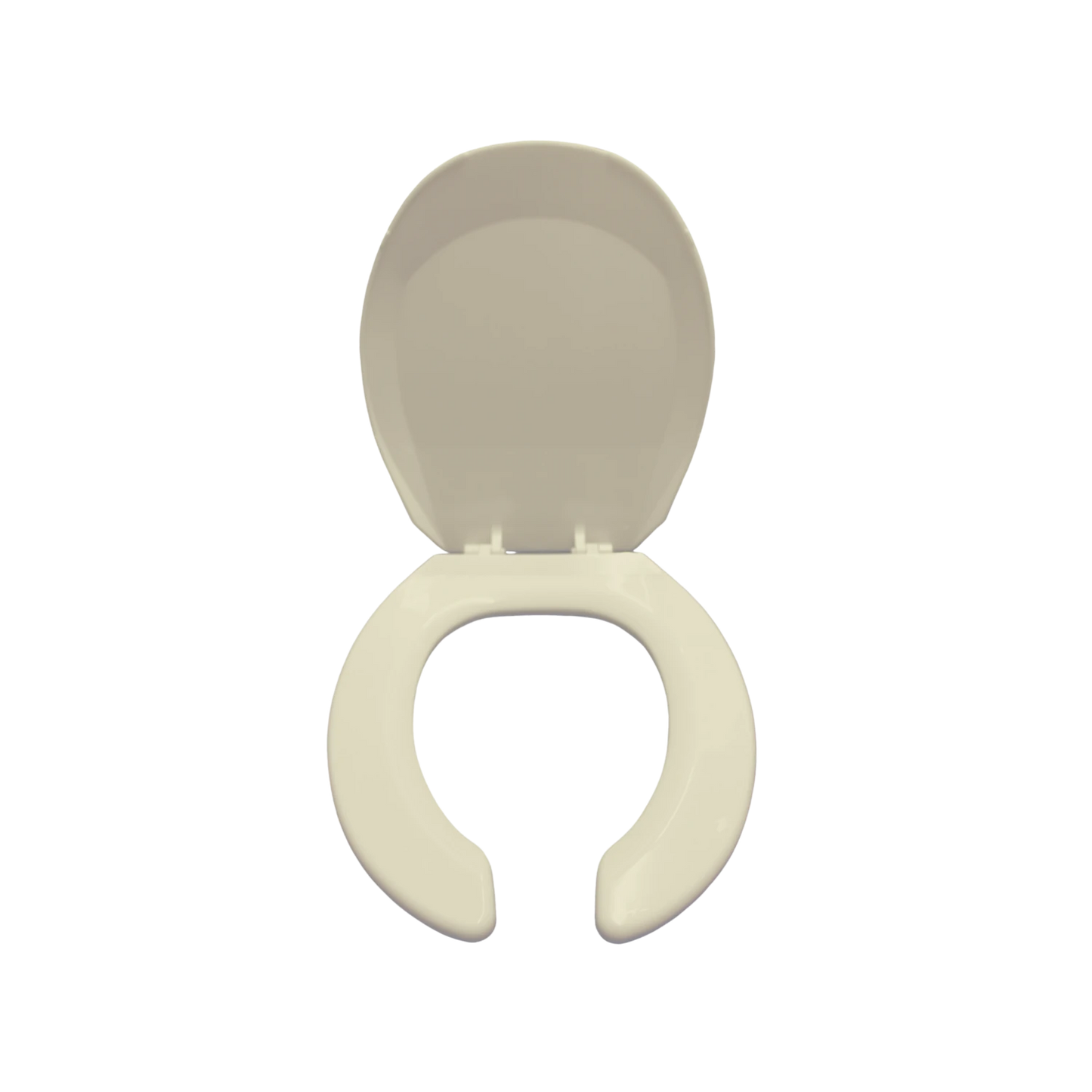 Asiento para baño tipo herradura color marfil, de plástico resistente para uso comercial y público.