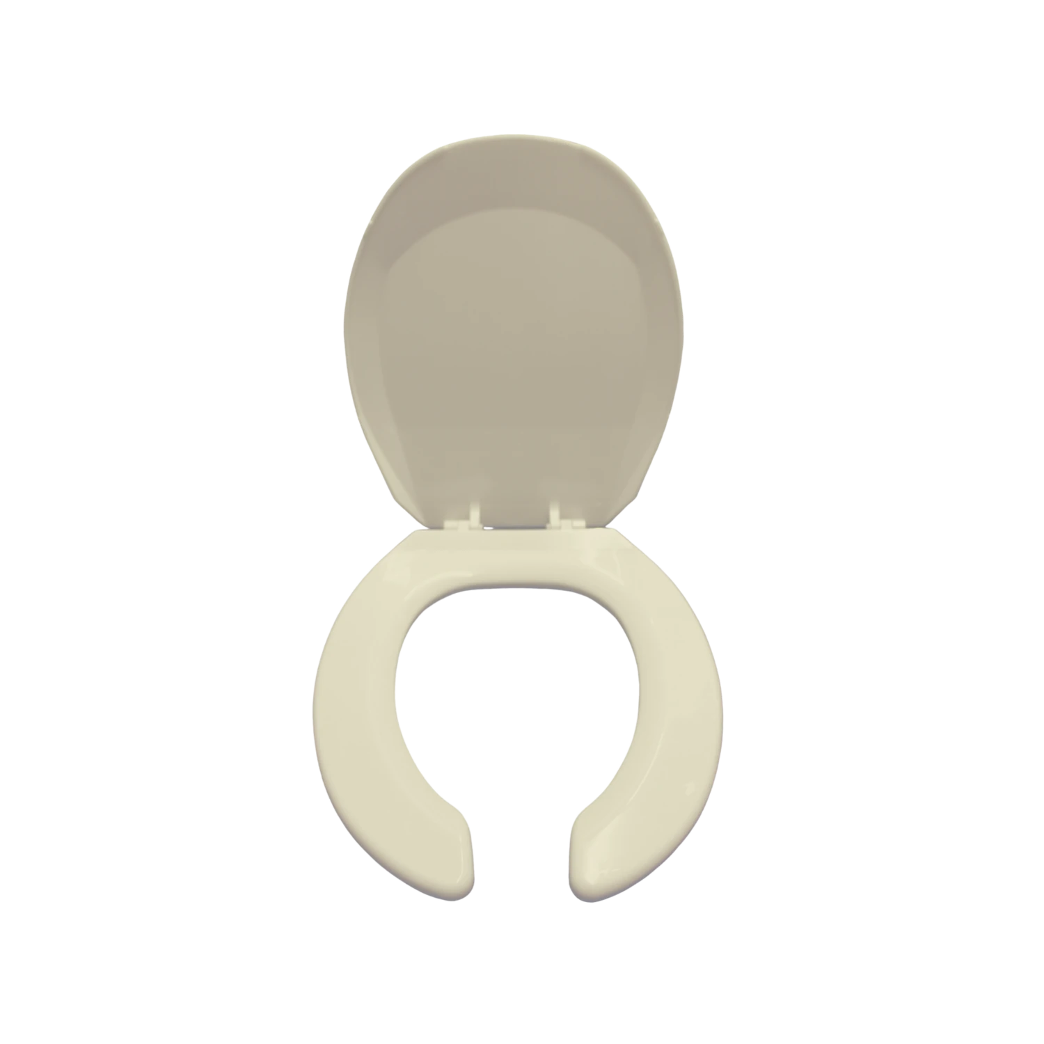 Asiento para baño tipo herradura color marfil, de plástico resistente para uso comercial y público.