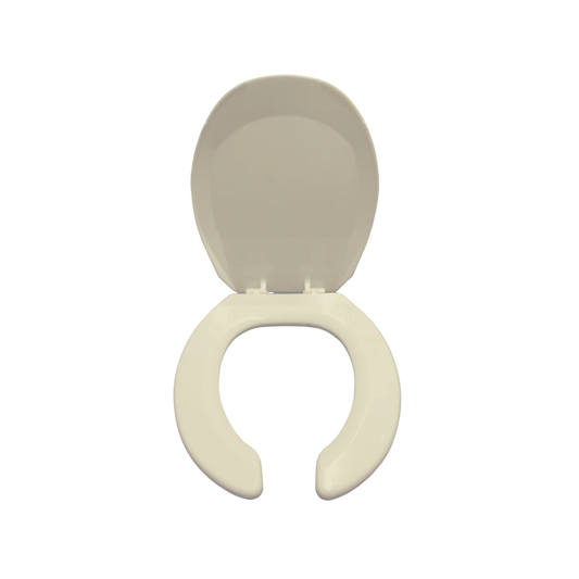 Asiento para baño tipo herradura color marfil, de plástico resistente para uso comercial y público.