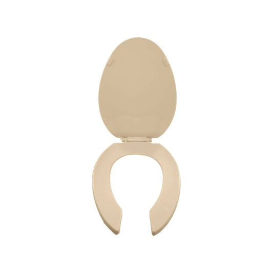 Asiento de inodoro marfil ovalado con tapa levantada, de plástico resistente para baño
