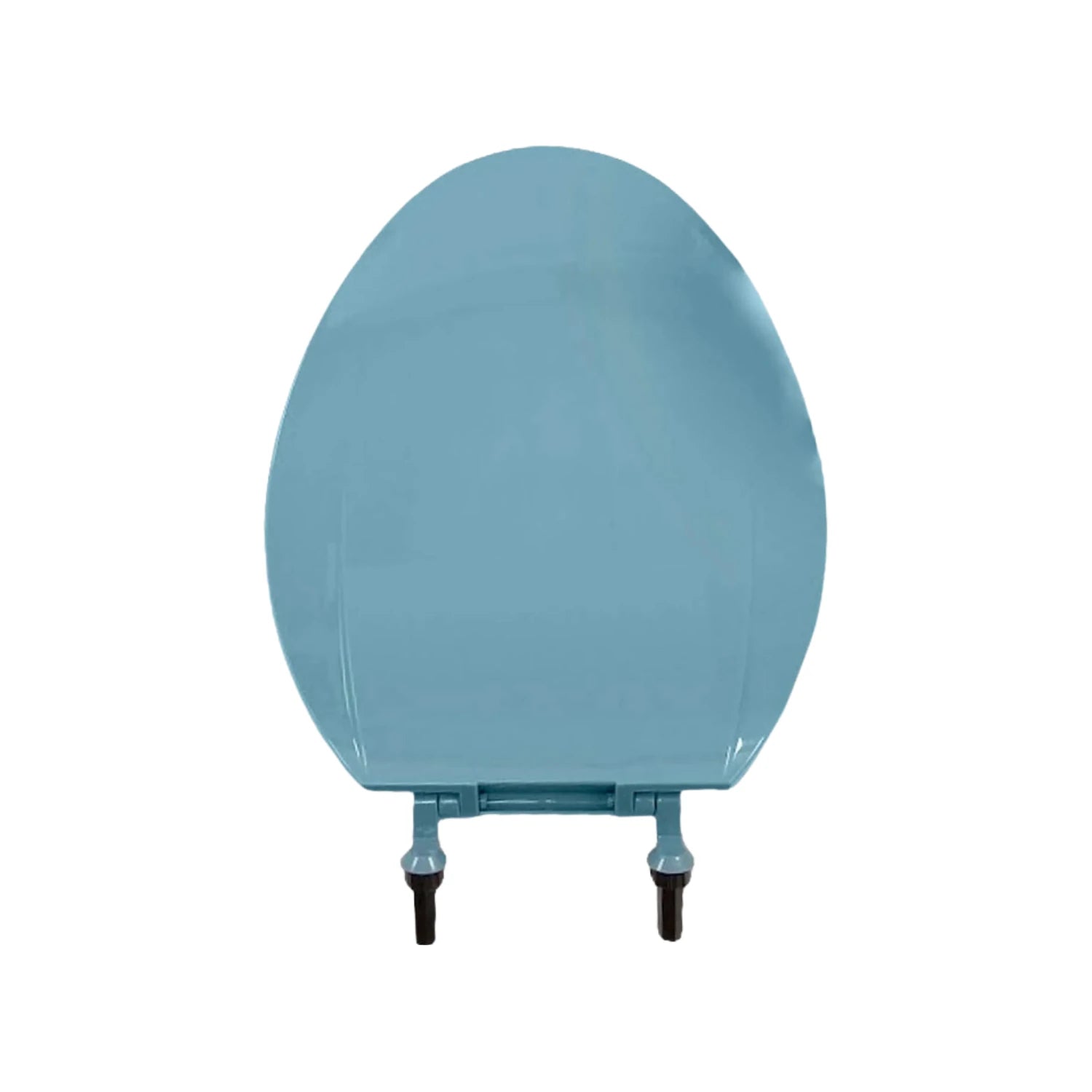 Asiento para baño ovalado color azul holandés brillante con herrajes de instalación visibles.
