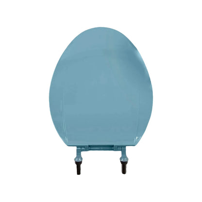 Asiento para baño ovalado color azul holandés brillante con herrajes de instalación visibles.