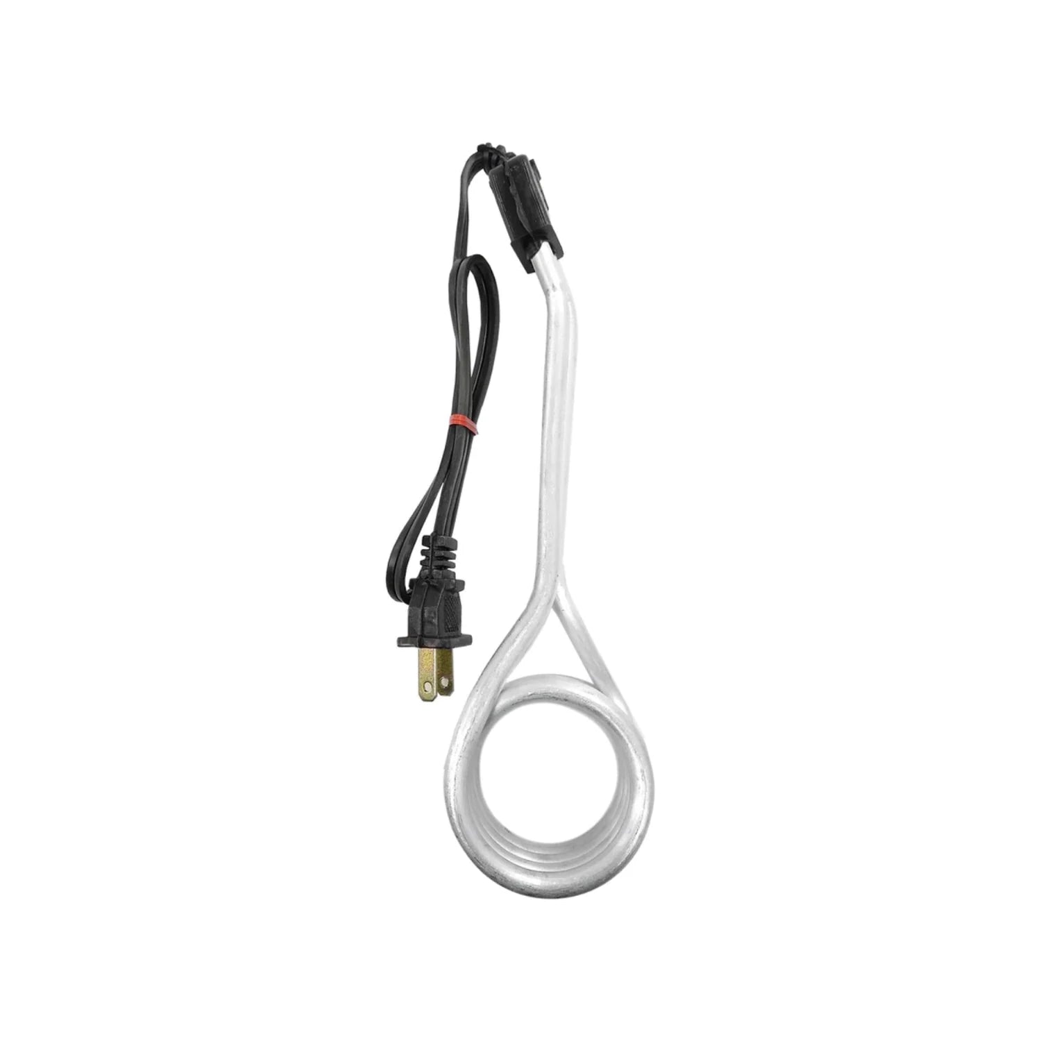 Calentador de agua eléctrico de inmersión con serpentín metálico y cable negro, ideal para calentar líquidos portátil