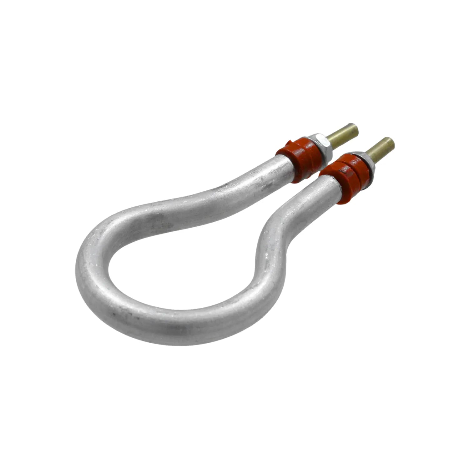 Resistencia tubular eléctrica en U de metal plateado para calentador de agua, con terminales de latón y arandelas rojas.
