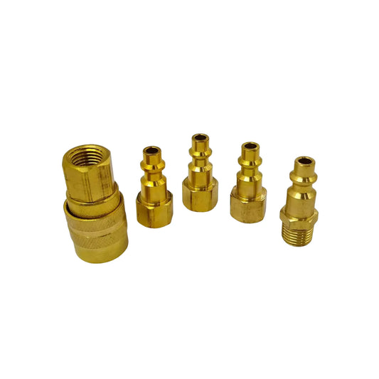 Kit de acople rápido neumático con conector hembra y cuatro adaptadores macho de latón para mangueras de aire comprimido