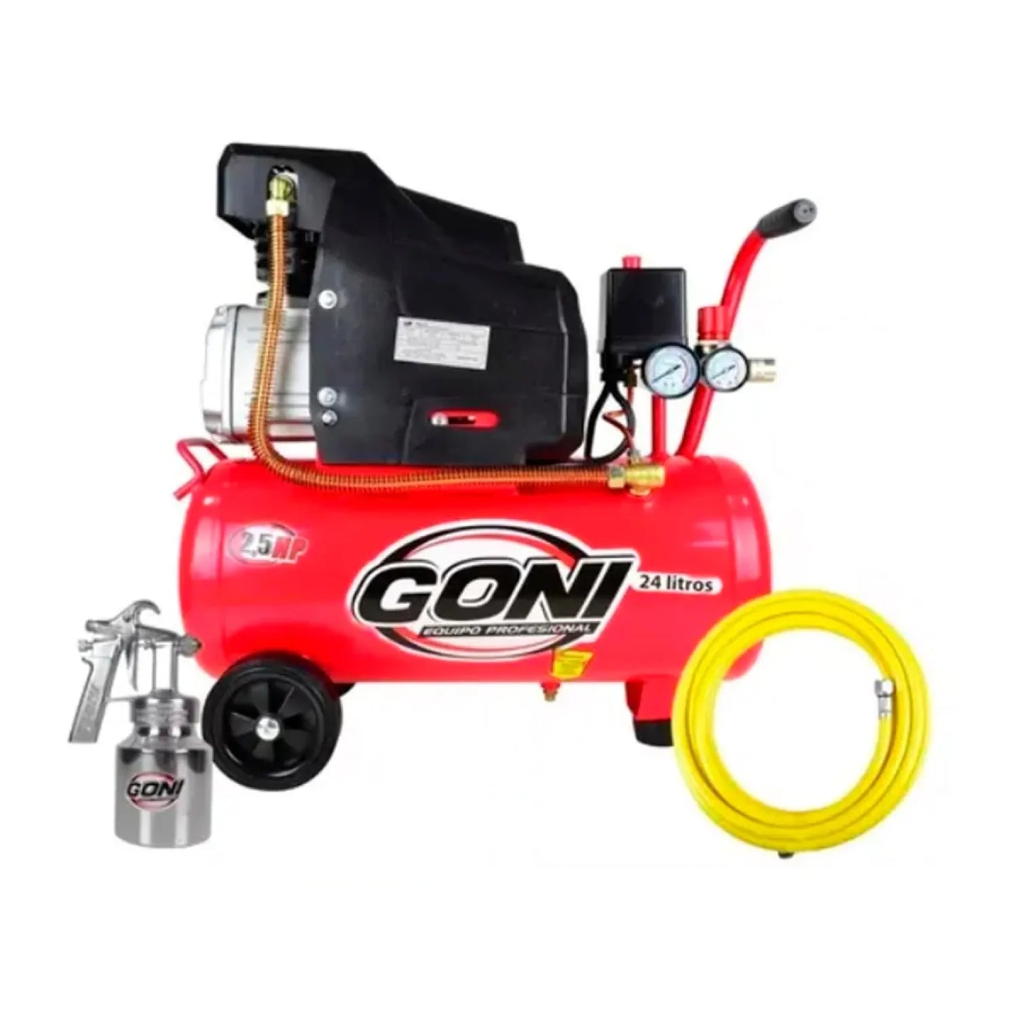 Compresor de aire Goni rojo 2.5 HP 24 litros con pistola de pintura y manguera amarilla, equipo profesional.