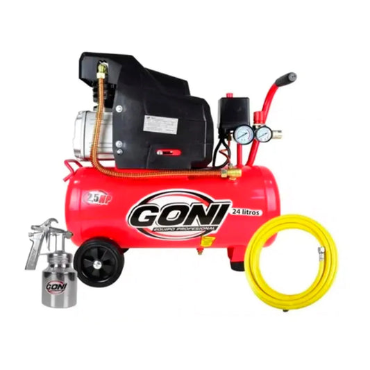 Compresor de aire Goni rojo 2.5 HP 24 litros con pistola de pintura y manguera amarilla, equipo profesional.