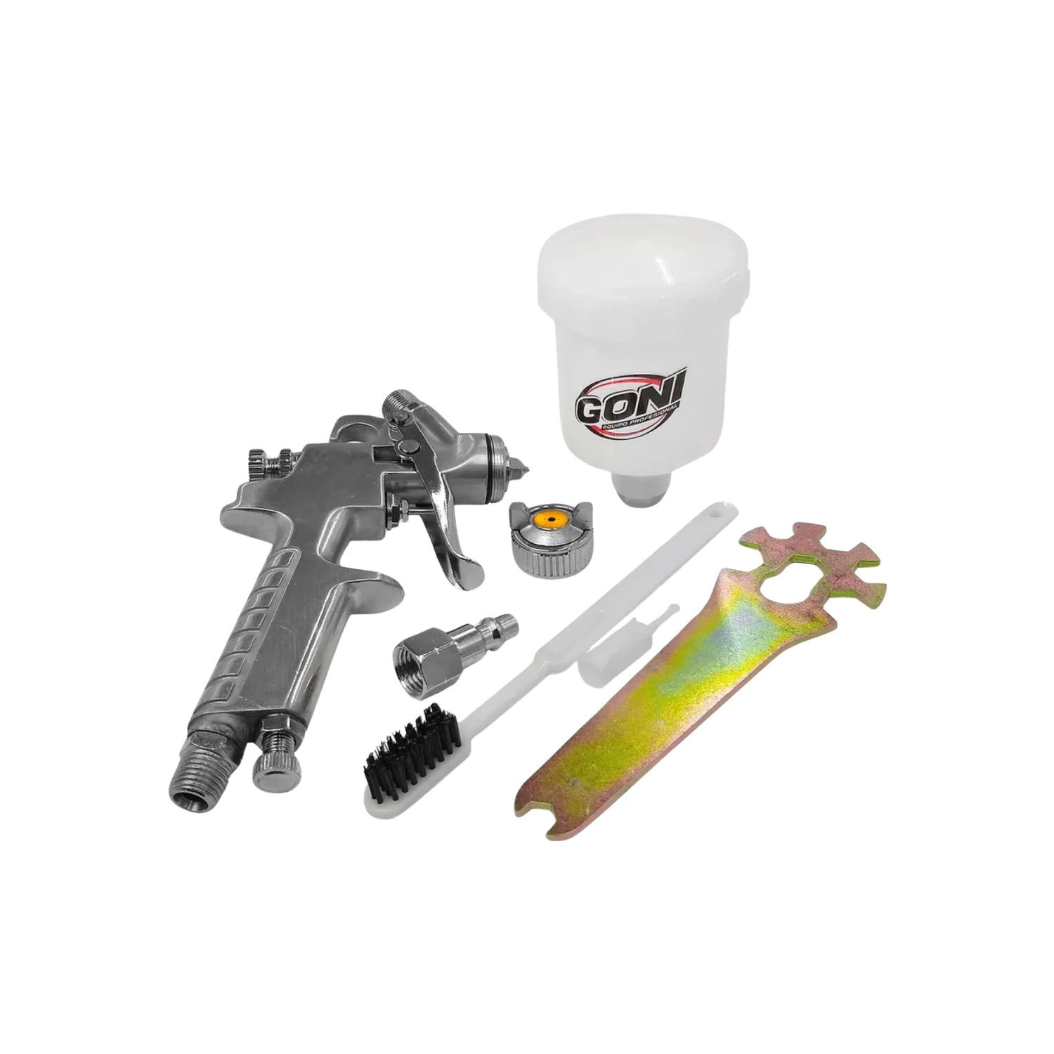 Pistola para pintar de gravedad mini GONI 150ml, incluye vaso, boquilla, llave y cepillos de limpieza.