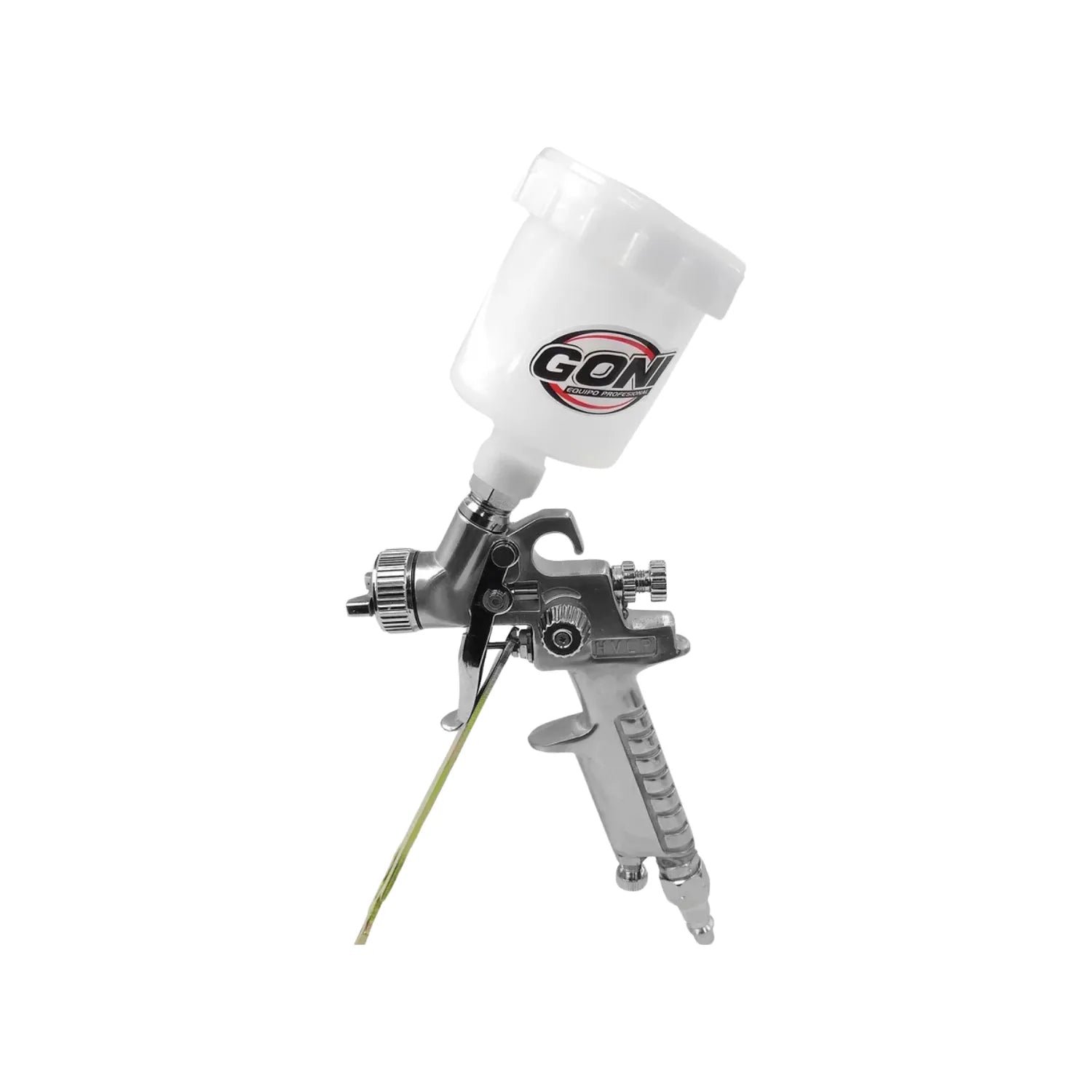 Pistola de gravedad GONI mini para pintura, cuerpo metálico gris y depósito superior blanco