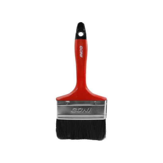 Brocha de pintura Goni 4 pulgadas con mango rojo y cerdas negras, ideal para acabados profesionales