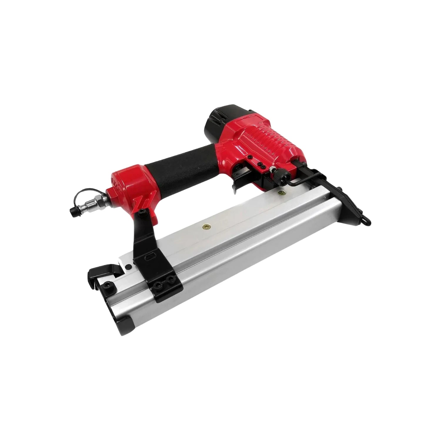 Clavadora y engrapadora neumática roja y negra con cargador plateado para trabajos en madera