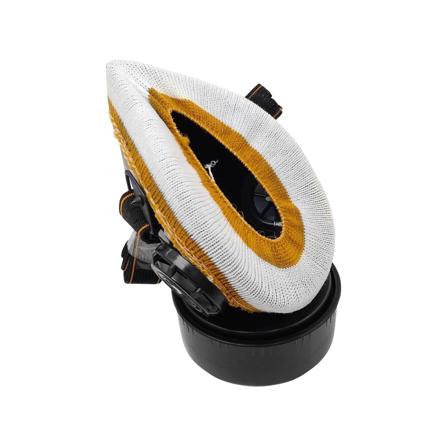 Mascarilla respirador profesional con filtro carbón activado y prefiltro blanco/amarillo para seguridad.