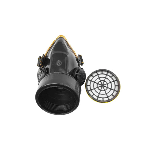 Mascarilla respirador negra y amarilla, con filtro de carbón activado desmontado para protección respiratoria