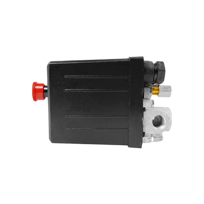 Presostato para compresor de aire, negro, con perilla roja de ajuste y 3 salidas roscadas