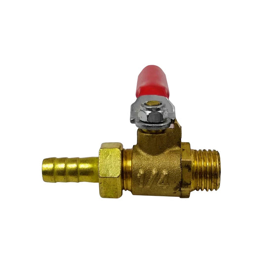 Mini válvula de bola de latón con manija roja, conexión de espiga y rosca macho NPT para drenaje y aire.
