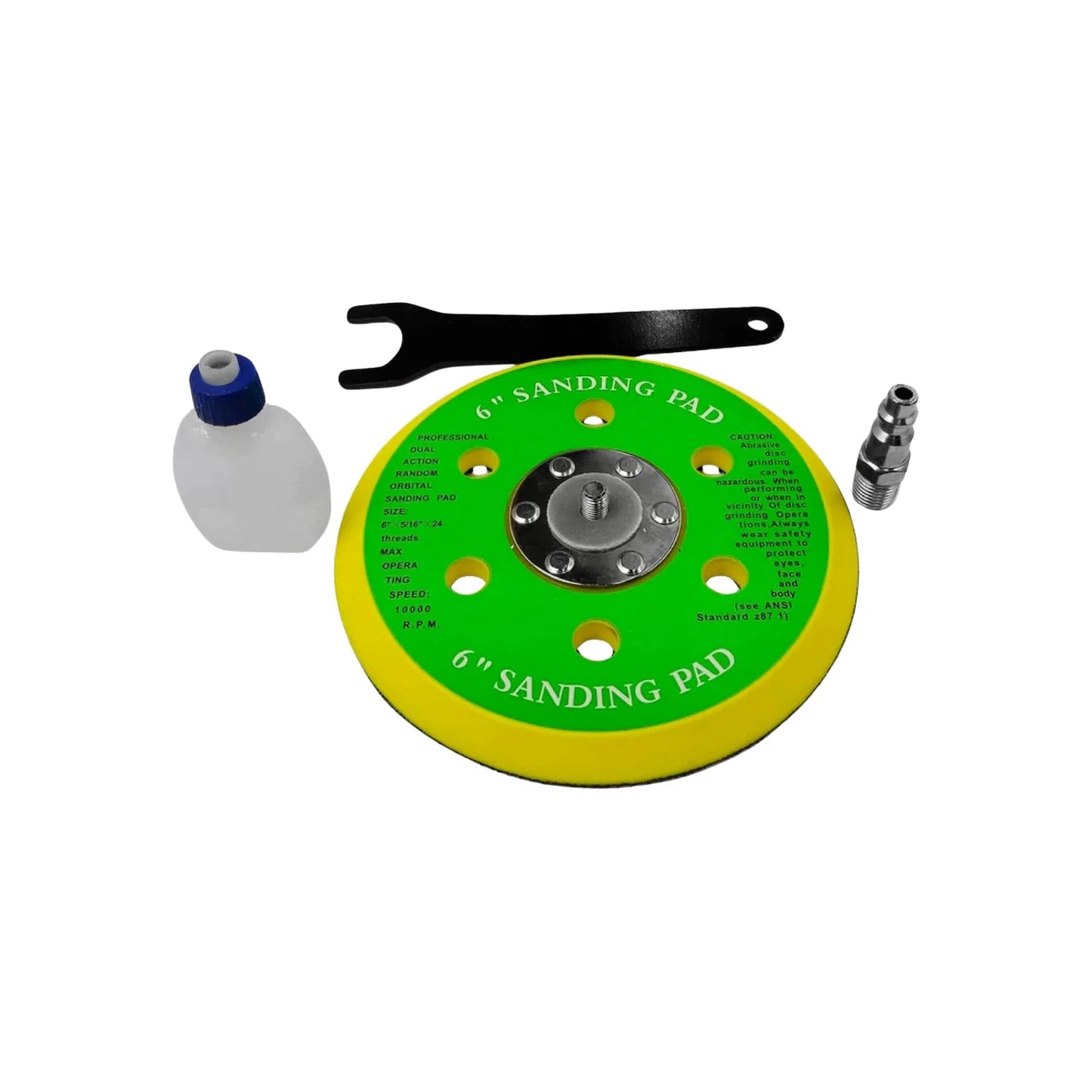 Plato lijador orbital neumático profesional 6" doble acción 10000 RPM, verde/amarillo, con llave y conector.