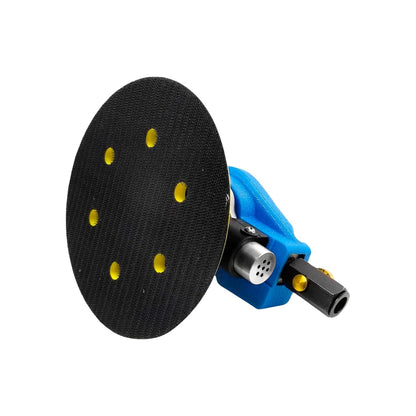 Lijadora orbital neumática azul y negra de 6 pulgadas con plato de velcro y orificios para extracción de polvo