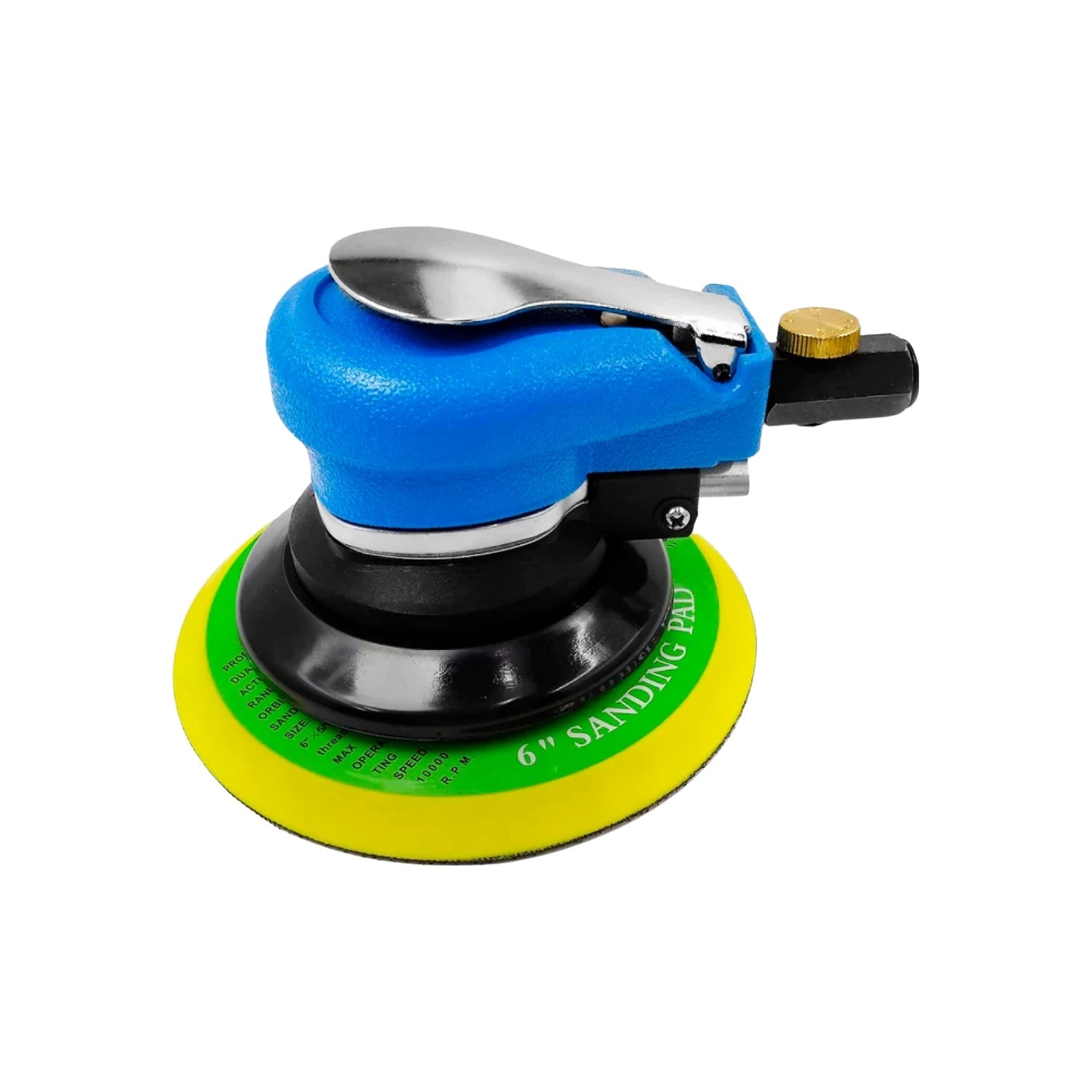 Lijadora neumática orbital aleatoria azul de 6 pulgadas, con pad amarillo para lijar madera y metal.