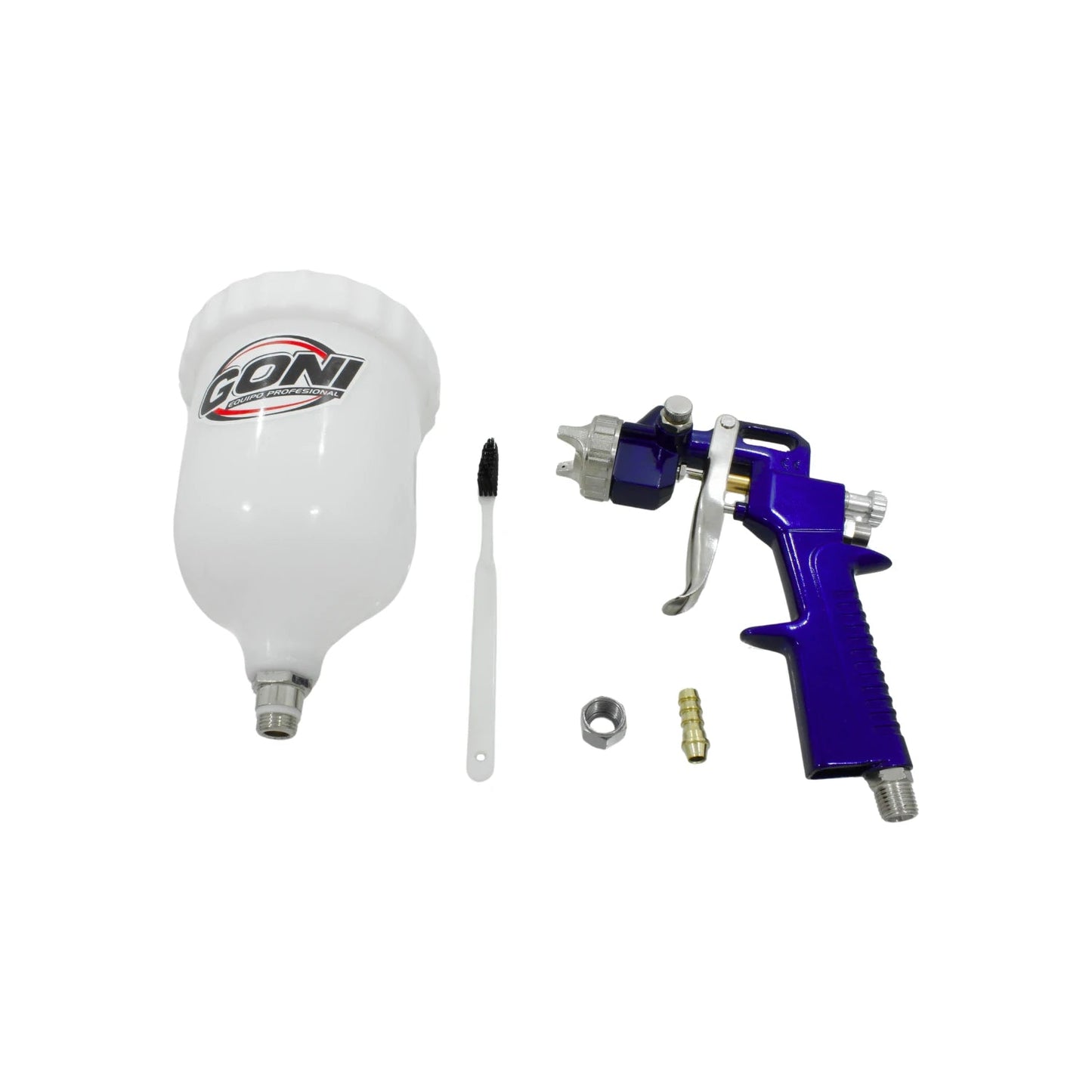 Pistola de pintura a gravedad GONI azul profesional con depósito blanco, boquilla y kit de limpieza