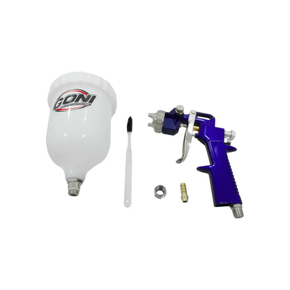 Pistola de pintura a gravedad GONI azul profesional con depósito blanco, boquilla y kit de limpieza