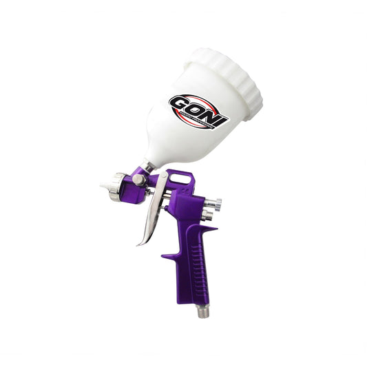 Pistola de gravedad GONI morada para pintar automotriz y acabados, con depósito superior blanco.