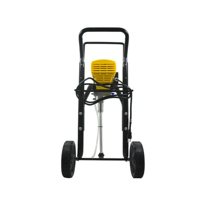 Pulverizador de pintura airless profesional con ruedas, motor amarillo y armazón negro resistente.