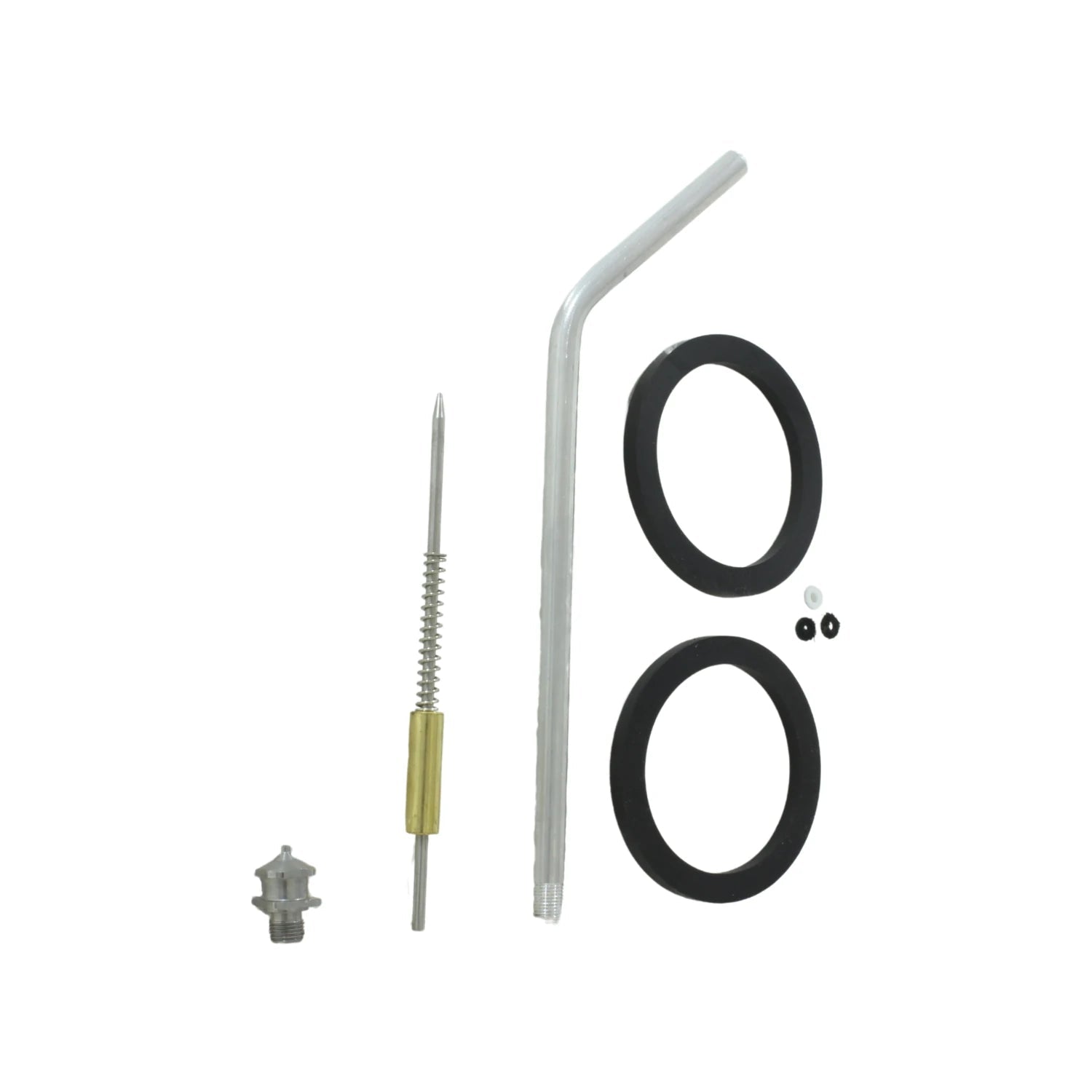 Kit de reparación para pistola de pintura: aguja, boquilla, tubo de succión, O-rings y empaques de goma.