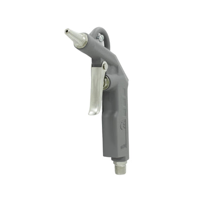 Pistola sopladora de aire gris con boquilla metálica, gatillo y conexión roscada, para limpieza neumática
