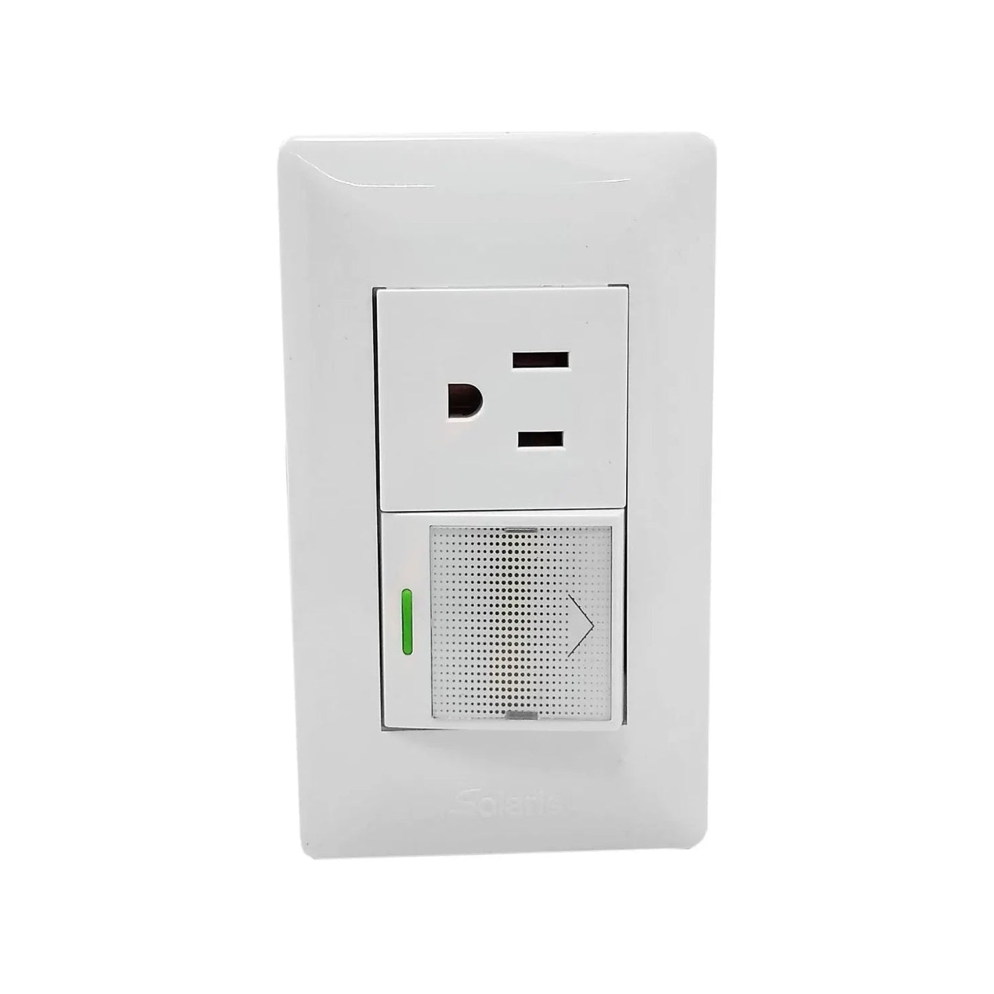 Placa eléctrica blanca Solaris con toma de corriente y sensor de movimiento para control de luz