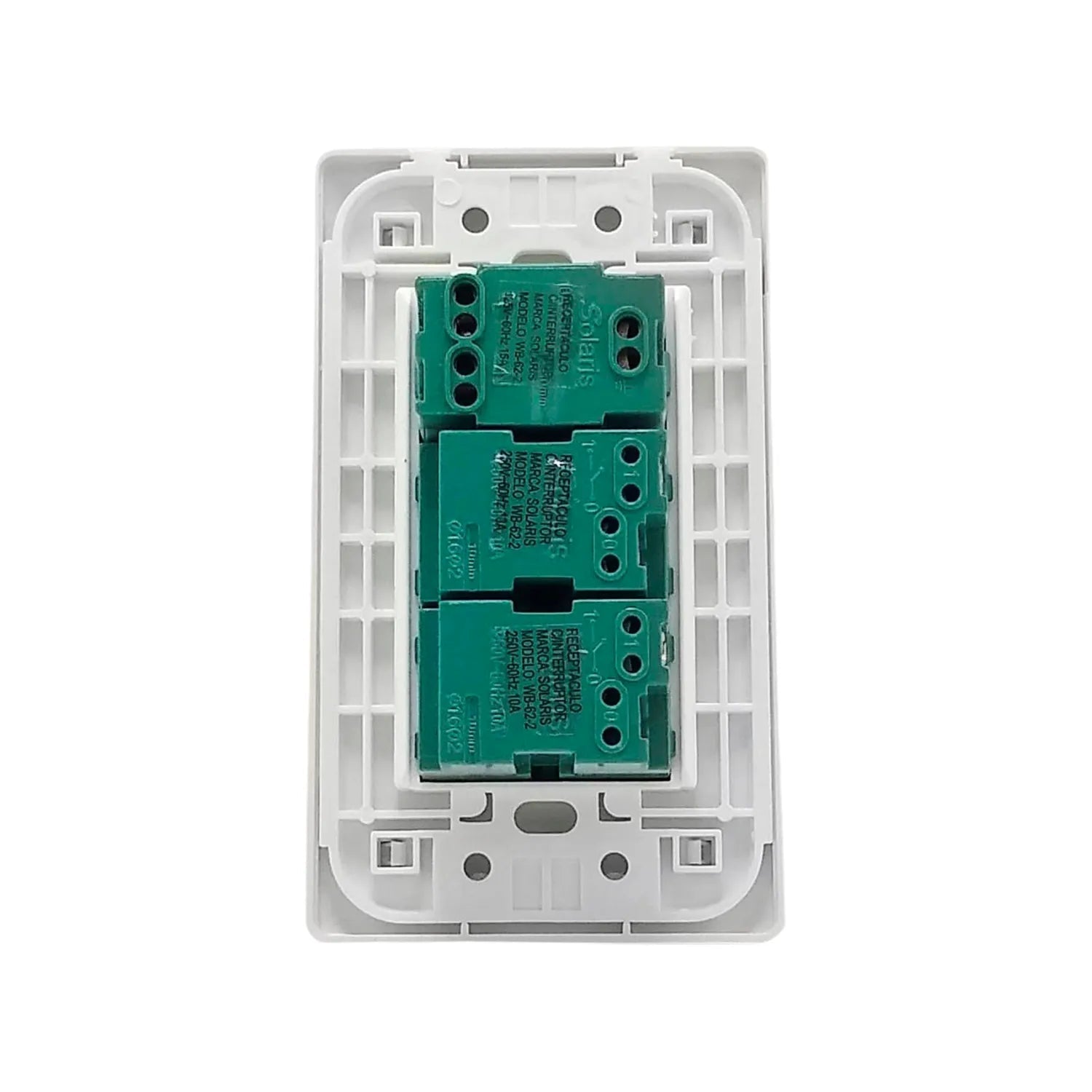 Placa eléctrica blanca Solaris WB-622 con 2 interruptores y 1 contacto, módulos verdes 250V 10A/15A