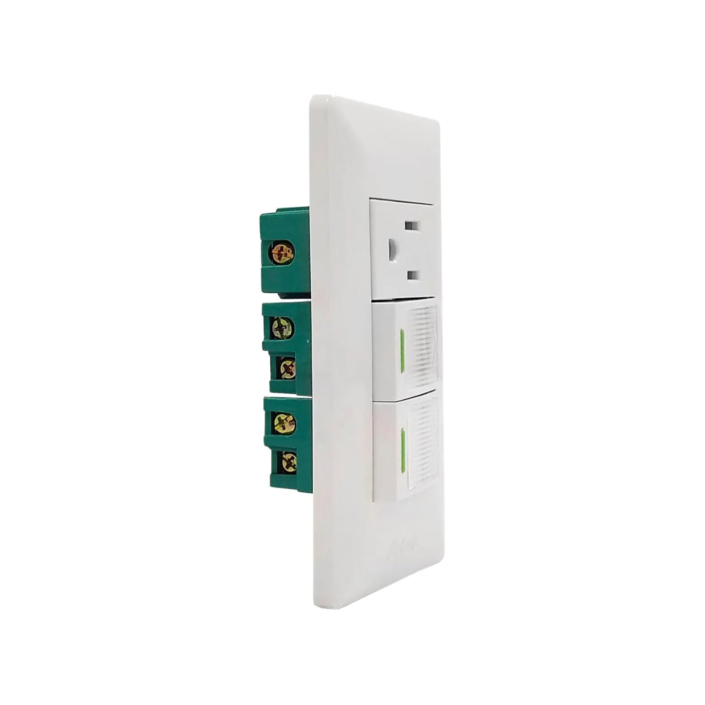 Placa eléctrica de pared blanca con 1 contacto y 2 apagadores, terminales verdes para fácil instalación.
