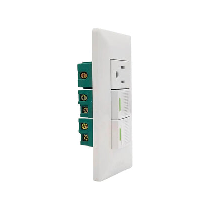 Placa eléctrica de pared blanca con 1 contacto y 2 apagadores, terminales verdes para fácil instalación.