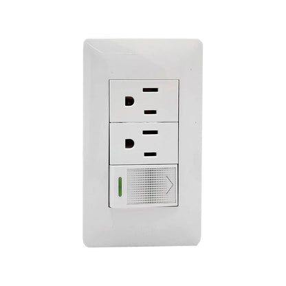 Placa eléctrica blanca moderna con 2 contactos polarizados y 1 apagador con indicador LED