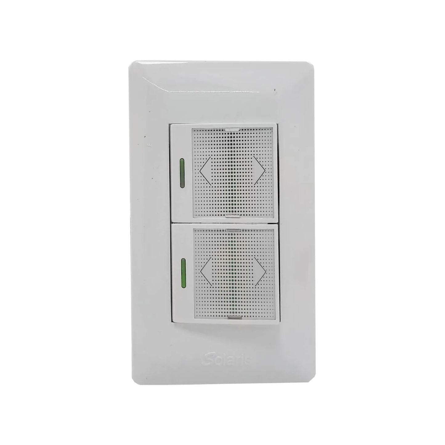 Placa doble interruptor de luz blanca Solaris, con diseño moderno táctil y luces LED verdes.