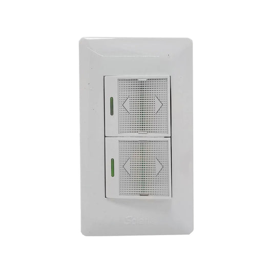 Placa doble interruptor de luz blanca Solaris, con diseño moderno táctil y luces LED verdes.