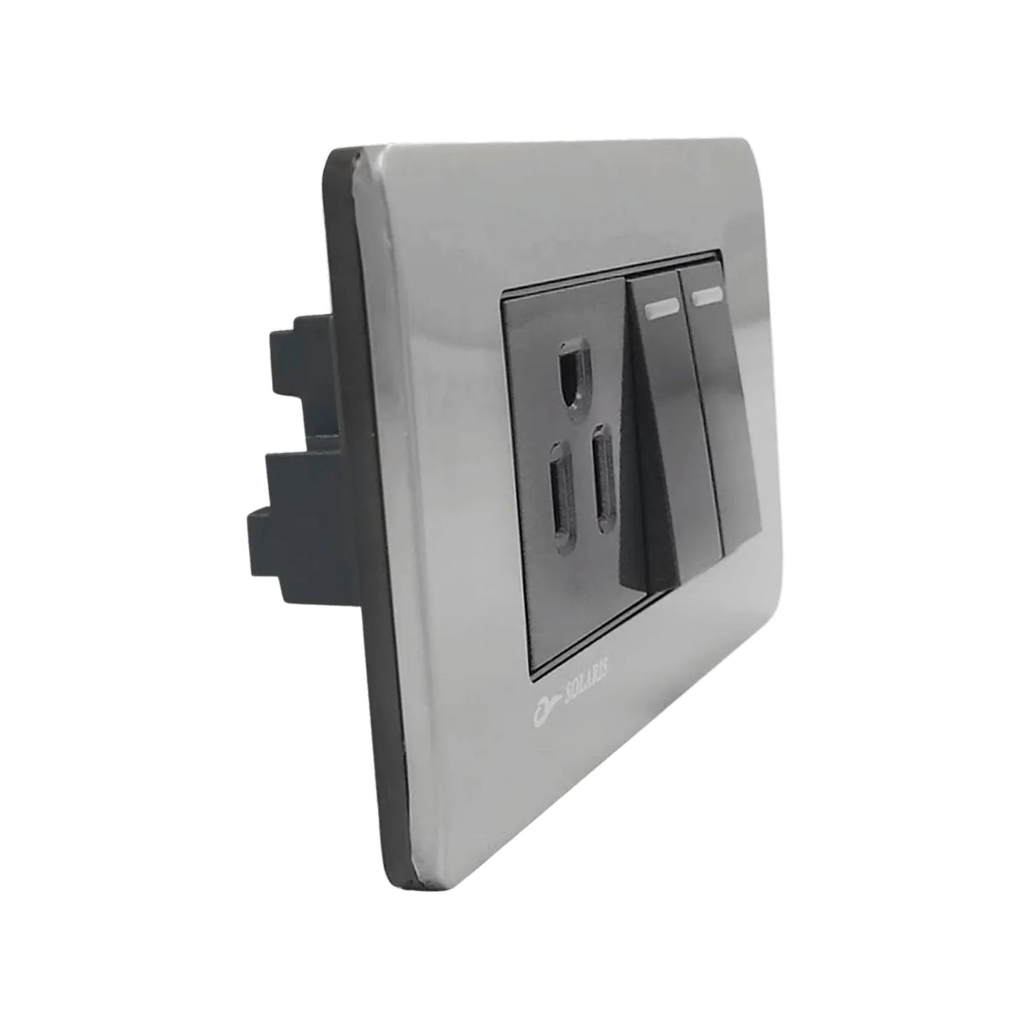 Placa de pared eléctrica Solaris cromo con 2 apagadores y 1 contacto negro, diseño moderno.