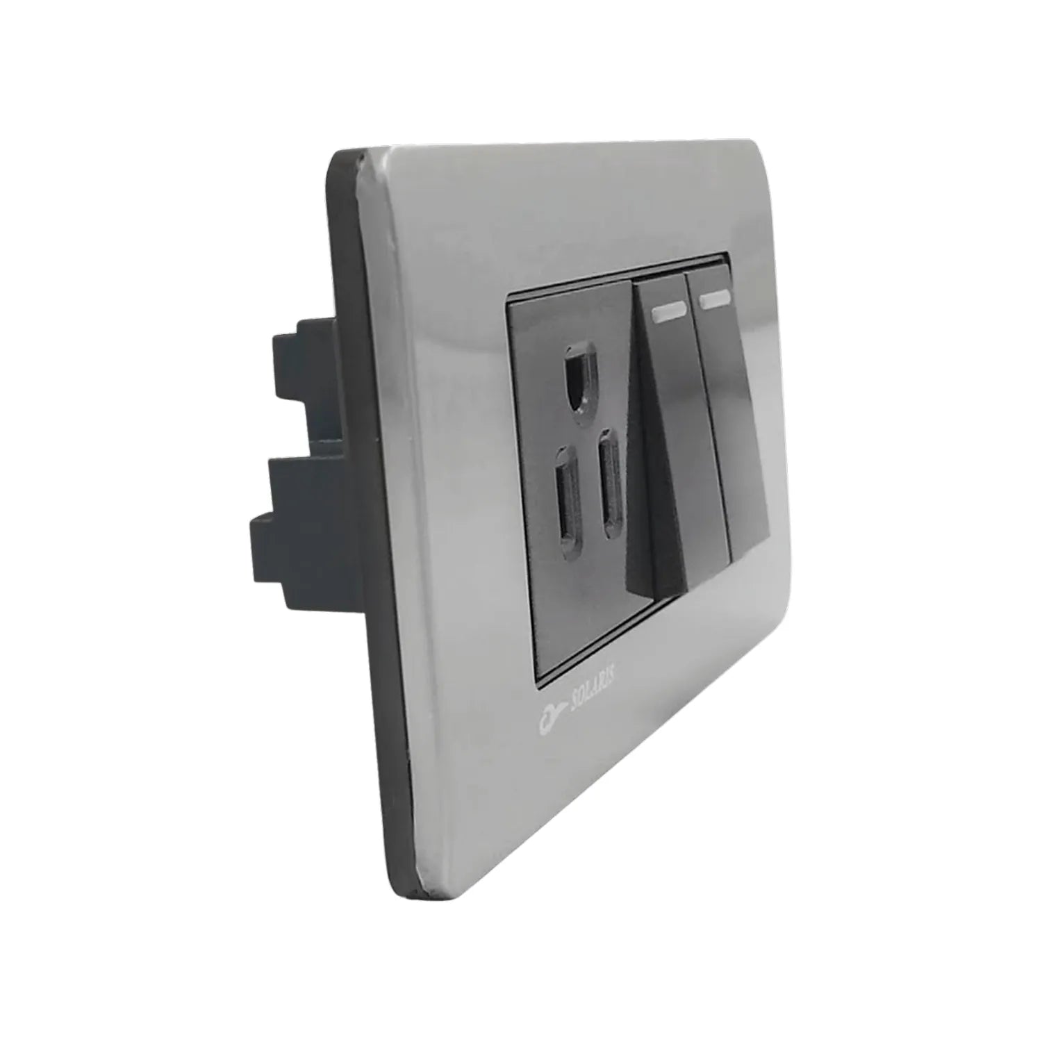Placa de pared eléctrica Solaris cromo con 2 apagadores y 1 contacto negro, diseño moderno.