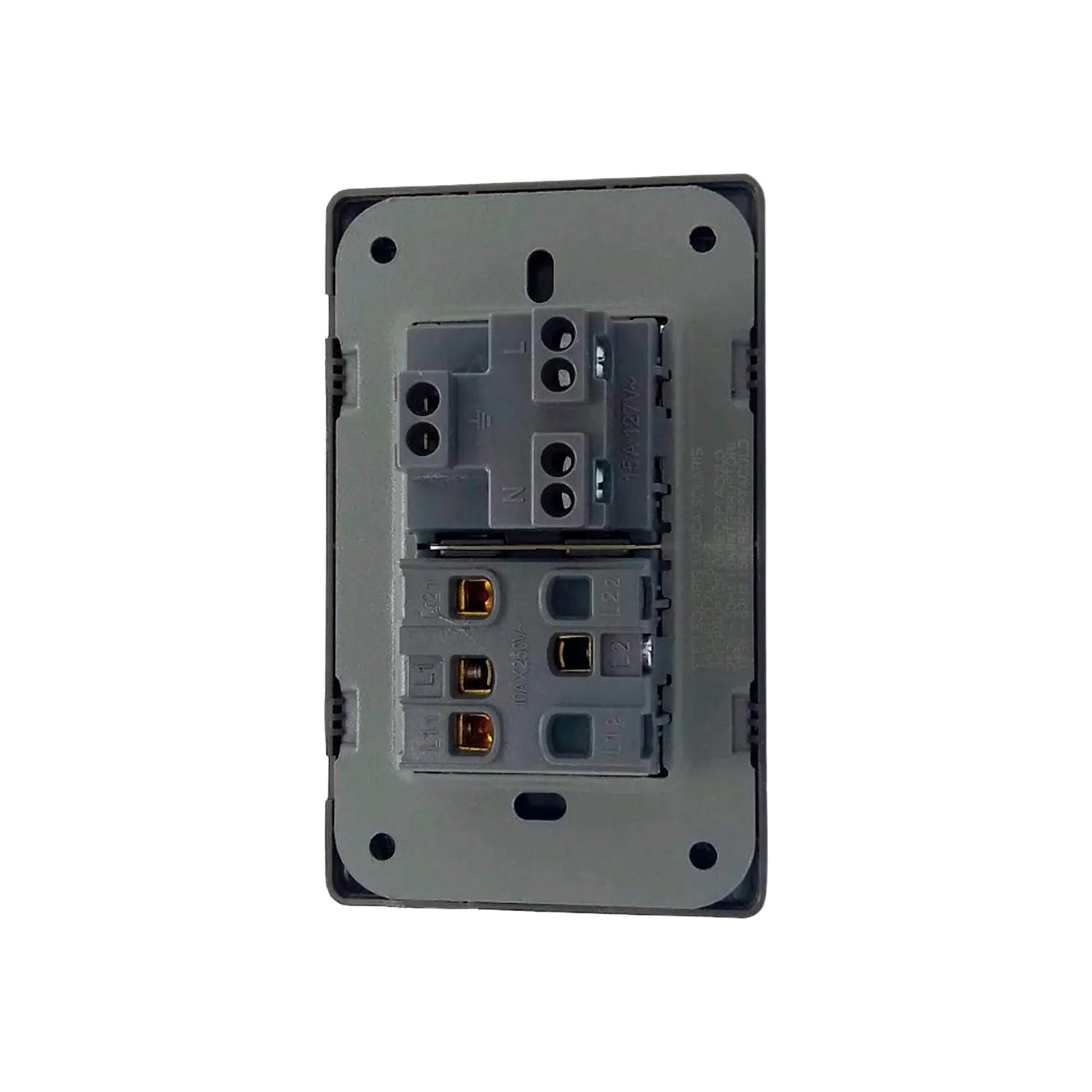 Placa eléctrica negra trasera con 2 interruptores y 1 contacto. Terminales N, L, tierra, L1, L2. 15A 127V, 10A 250V.