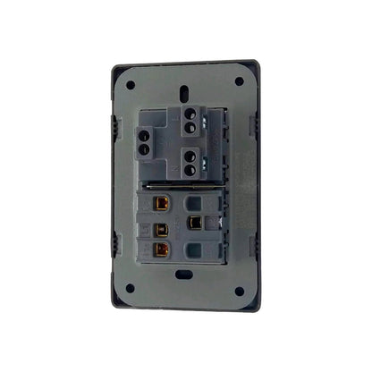 Placa eléctrica negra trasera con 2 interruptores y 1 contacto. Terminales N, L, tierra, L1, L2. 15A 127V, 10A 250V.